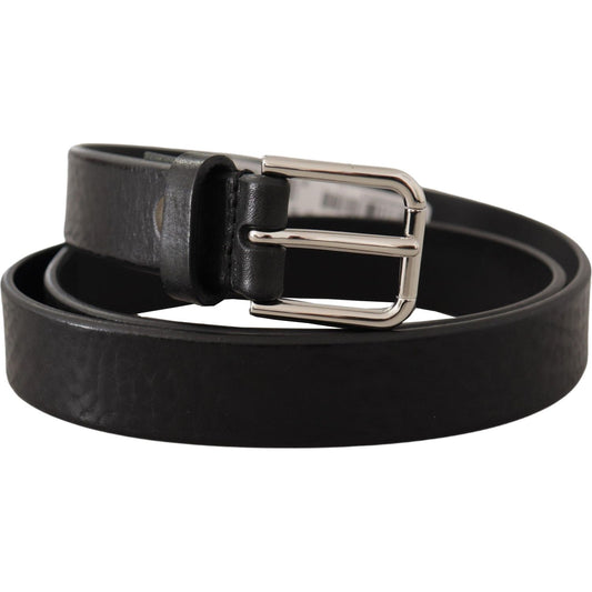 Dolce & Gabbana Black Calf Leather Silver Tone Logo Metal Buckle Belt BEL8567-80