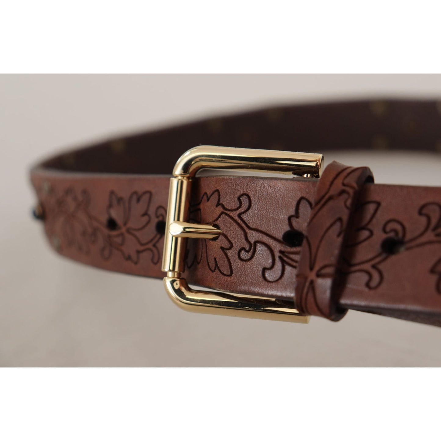 Dolce & Gabbana Brown Leather Floral Studded Metal Buckle Belt BEL8617-85