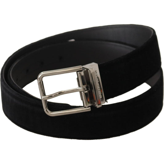 Dolce & Gabbana Black Velvet Silver Logo Engraved Metal Buckle Belt BEL8635#2-90