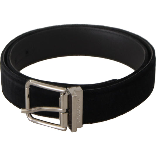 Dolce & Gabbana Black Velvet Silver Logo Engraved Metal Buckle Belt BEL8635#2-90