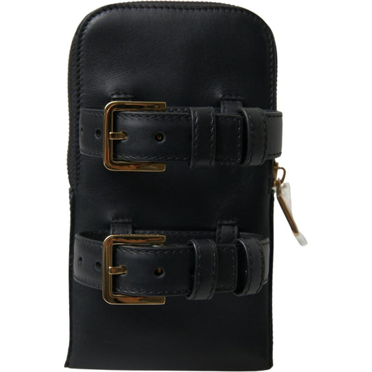 Dolce & Gabbana Black Leather Men Purse Double Belt Strap Bracelet Bag BAG1082