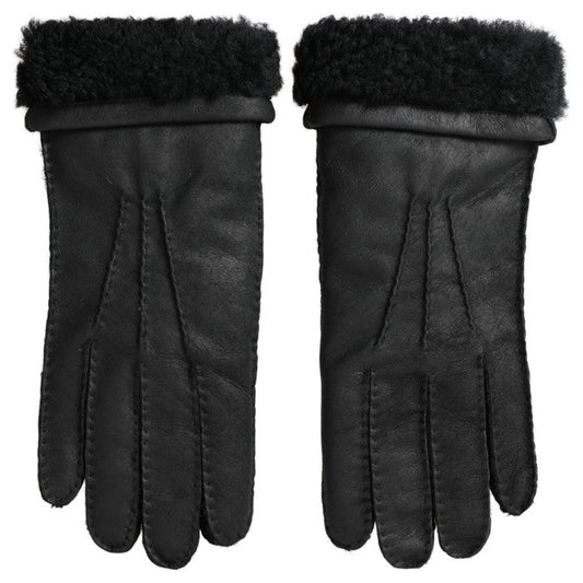 Dolce & Gabbana Black Leather Fur Short Hands Mitten Men Gloves LB30107