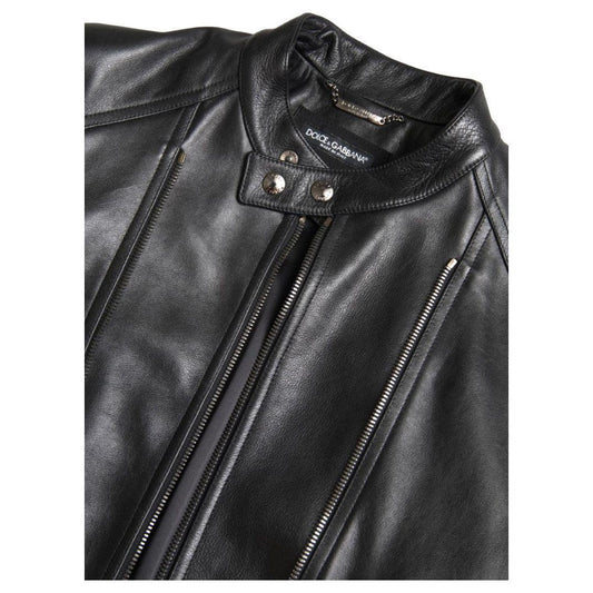 Dolce & Gabbana Black Leather Zipper Coat Men Jacket JKT3653-48