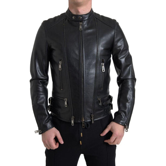 Dolce & Gabbana Black Leather Zipper Coat Men Jacket JKT3653-48