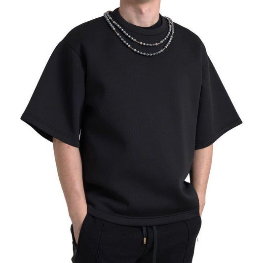 Dolce & Gabbana Black Necklace Embellished Polyester T-shirt TSH84165-48