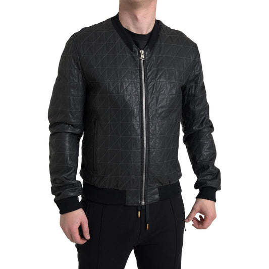 Dolce & Gabbana Black Leather Full Zip Bomber Coat Jacket JKT3672
