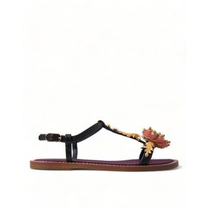 Dolce & Gabbana Black Crystal Gold Sandals Leather Shoes