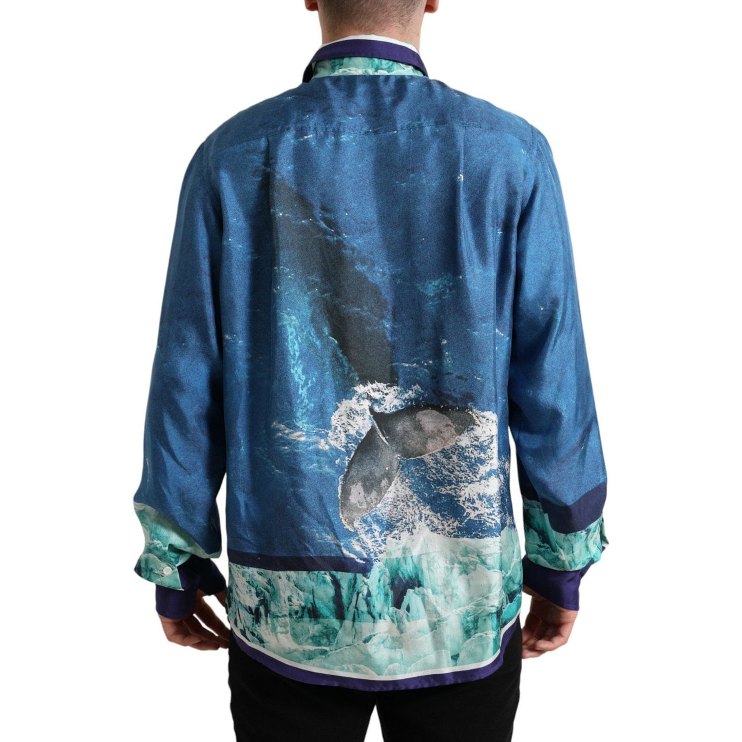 Dolce & Gabbana Blue Ocean Print Silk Collared Button Down Shirt TSH84736-42