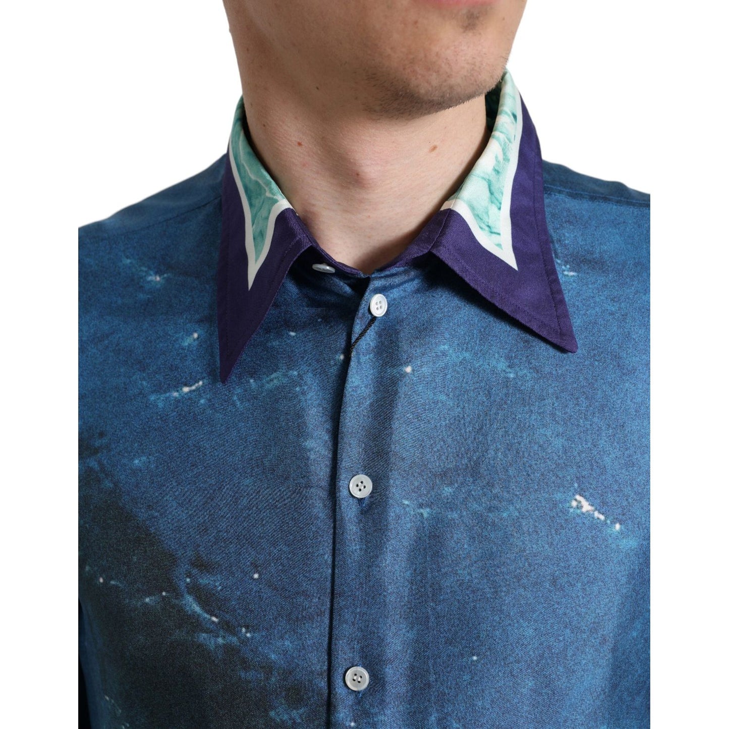 Dolce & Gabbana Blue Ocean Print Silk Collared Button Down Shirt TSH84736-42