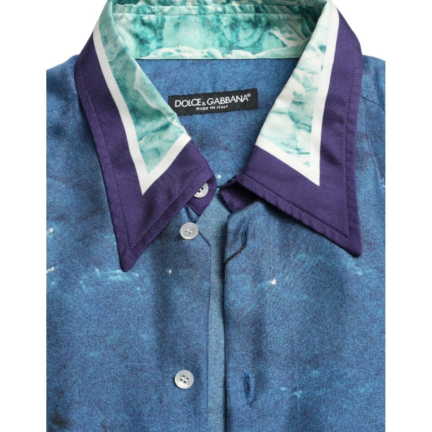 Dolce & Gabbana Blue Ocean Print Silk Collared Button Down Shirt TSH84736-42