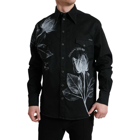 Dolce & Gabbana Black Floral Cotton Collared Dress Shirt TSH84741-40