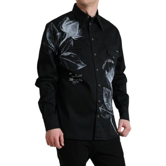 Dolce & Gabbana Black Floral Cotton Collared Dress Shirt TSH84741-40