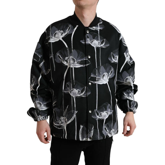 Dolce & Gabbana Black Floral Print Wool Button Down Bomber Jacket JKT3772-54