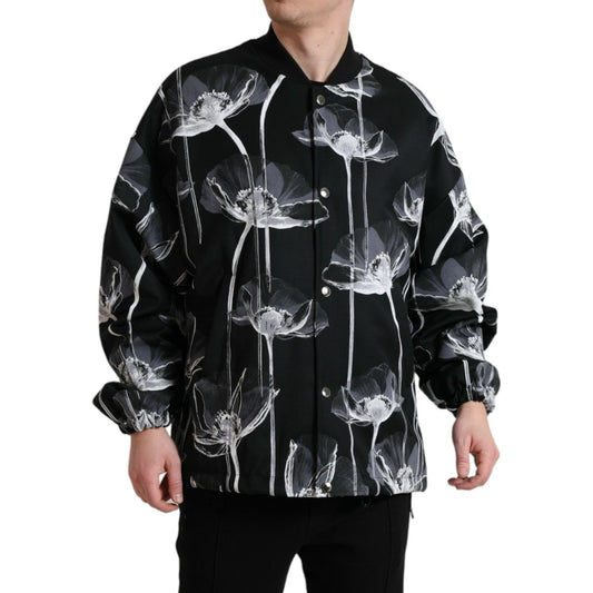 Dolce & Gabbana Black Floral Print Wool Button Down Bomber Jacket JKT3772-54
