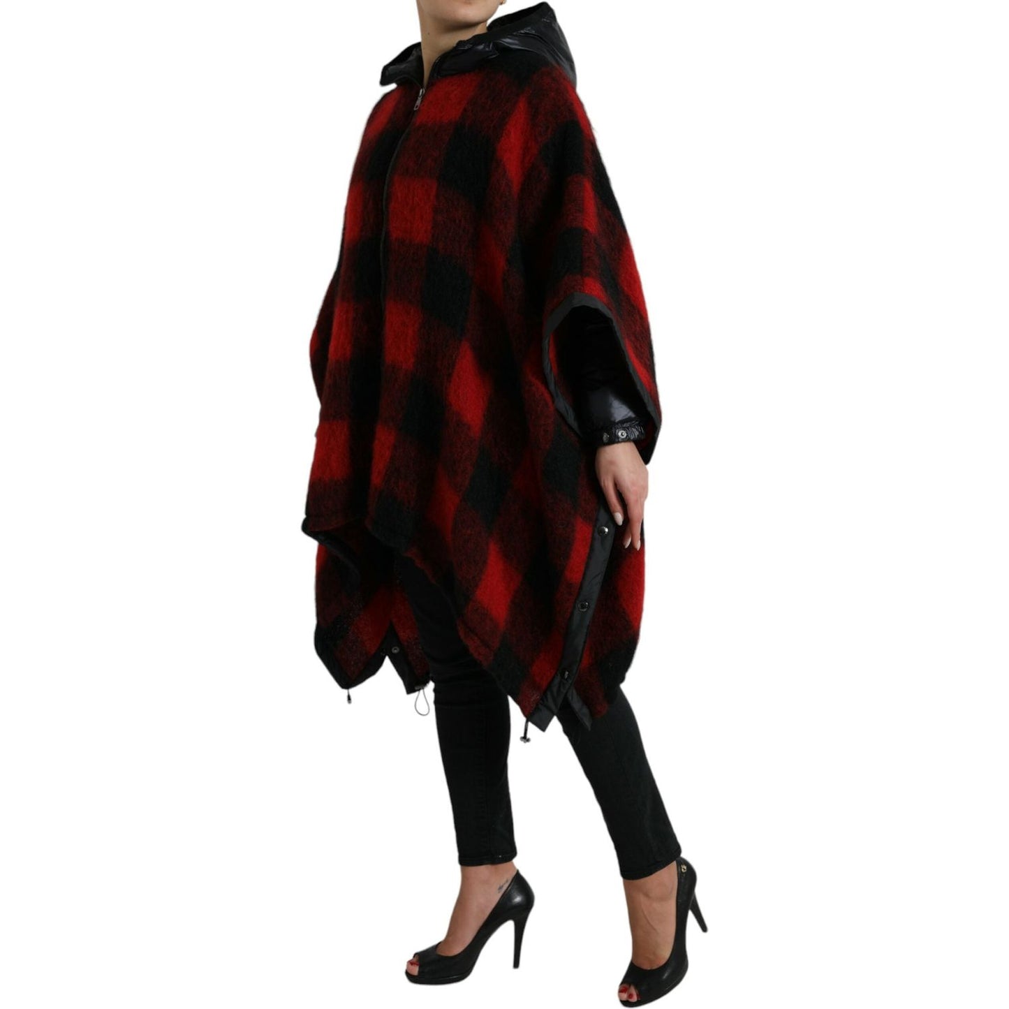 Dolce & Gabbana Black Red Buffalo Check Hooded Poncho Jacket JKT3726-40