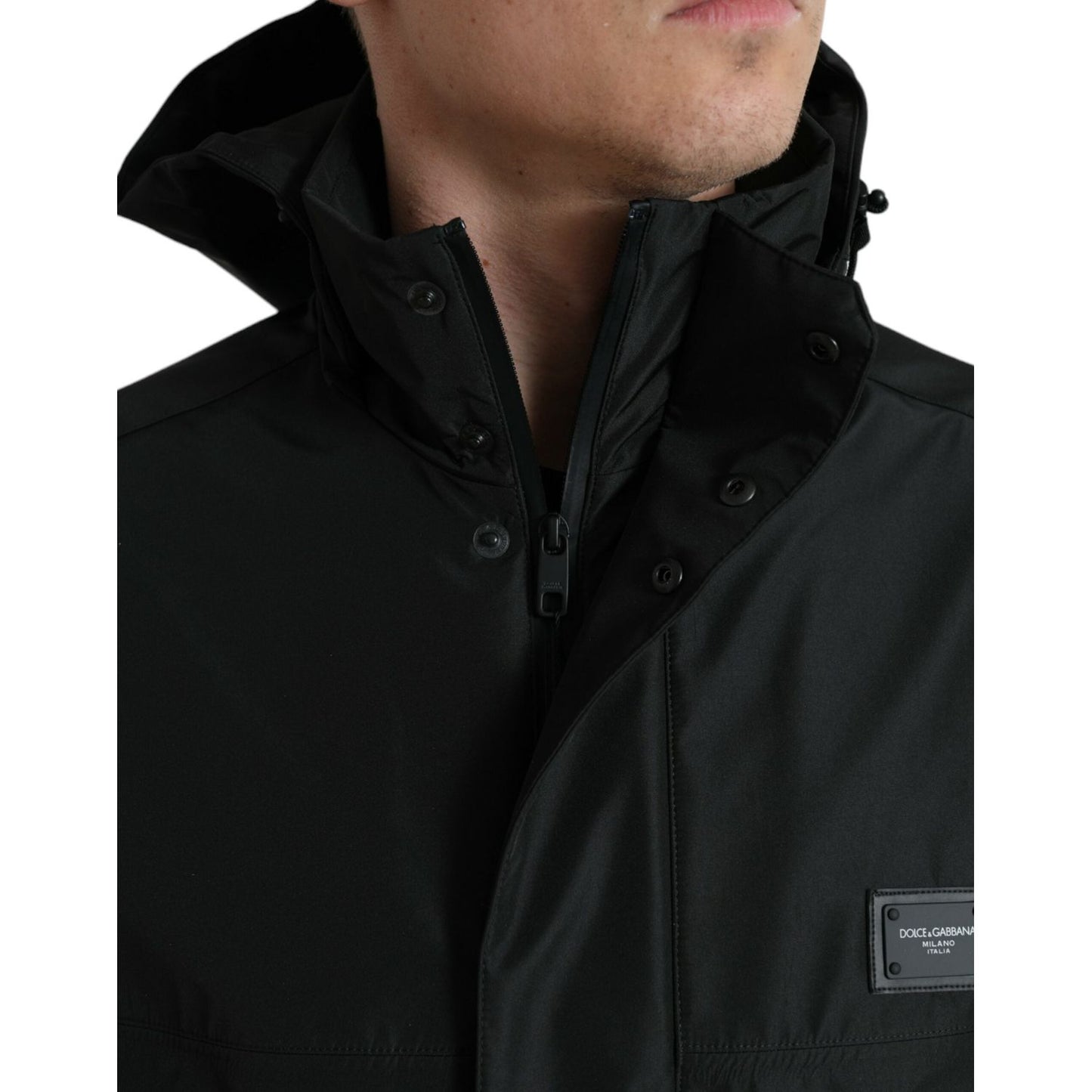 Dolce & Gabbana Black Polyester Logo Plaque Hooded Jacket JKT3759-48