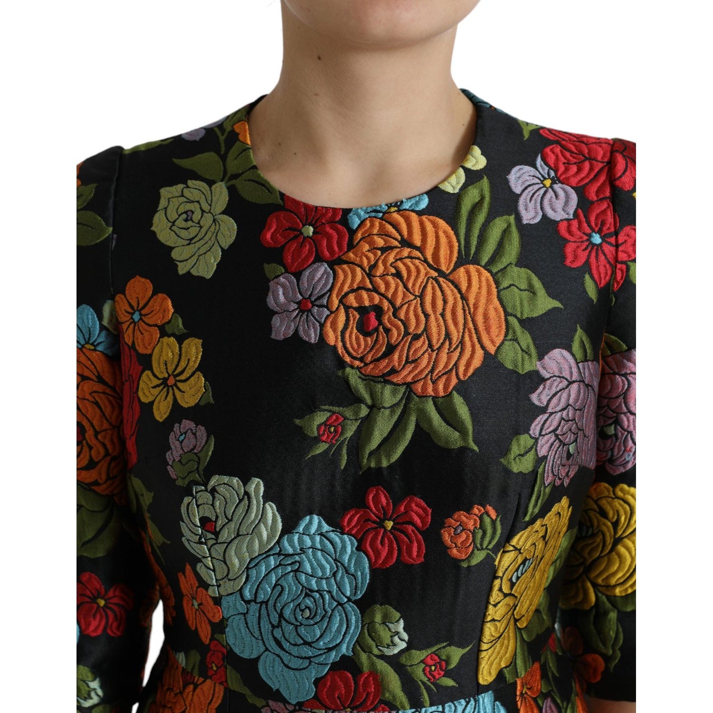 Dolce & Gabbana Black Floral Embroidery Knee Length Dress DR28981-40