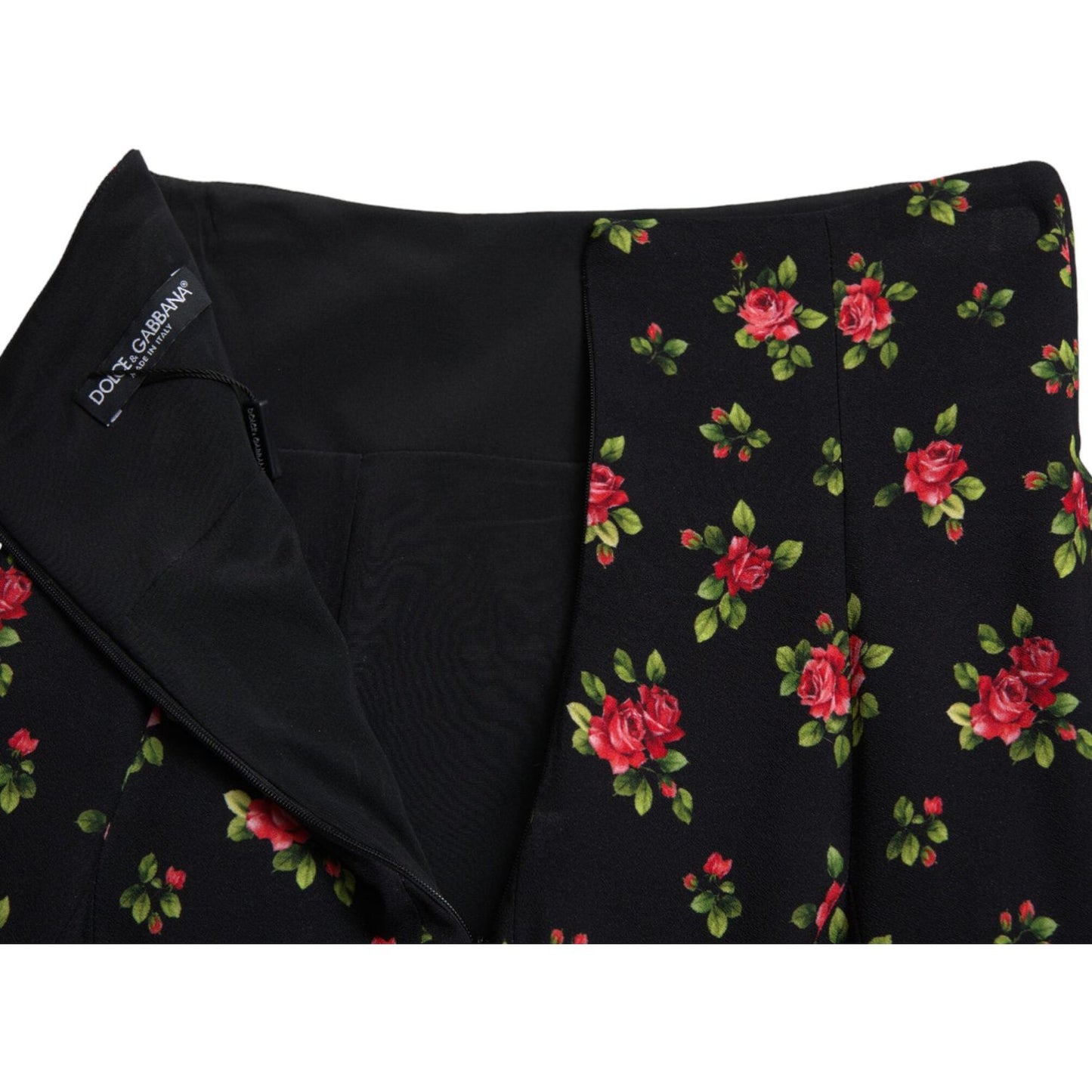 Dolce & Gabbana Black Rose Print High Waist A-line Mini Skirt SKI1950-40