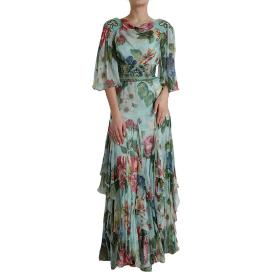 Dolce & Gabbana Blue Floral Print Tiered Long Maxi Dress DR281092-36