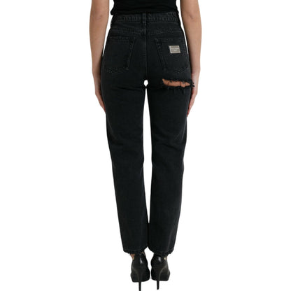 Dolce & Gabbana Black Cotton High Waist Tattered Denim Jeans
