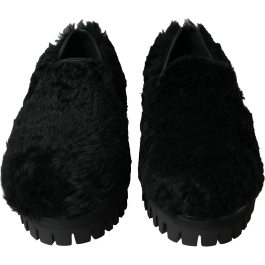 Dolce & Gabbana Black Fur Leather Slippers Dress Shoes MV5441-40