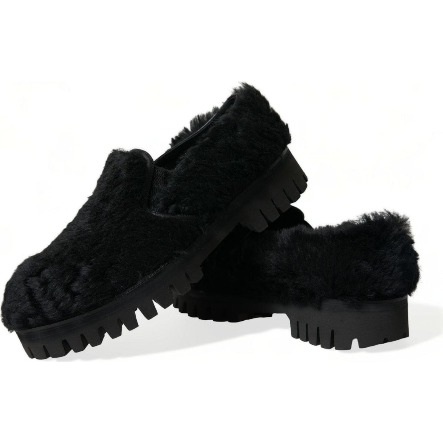 Dolce & Gabbana Black Fur Leather Slippers Dress Shoes MV5441-40