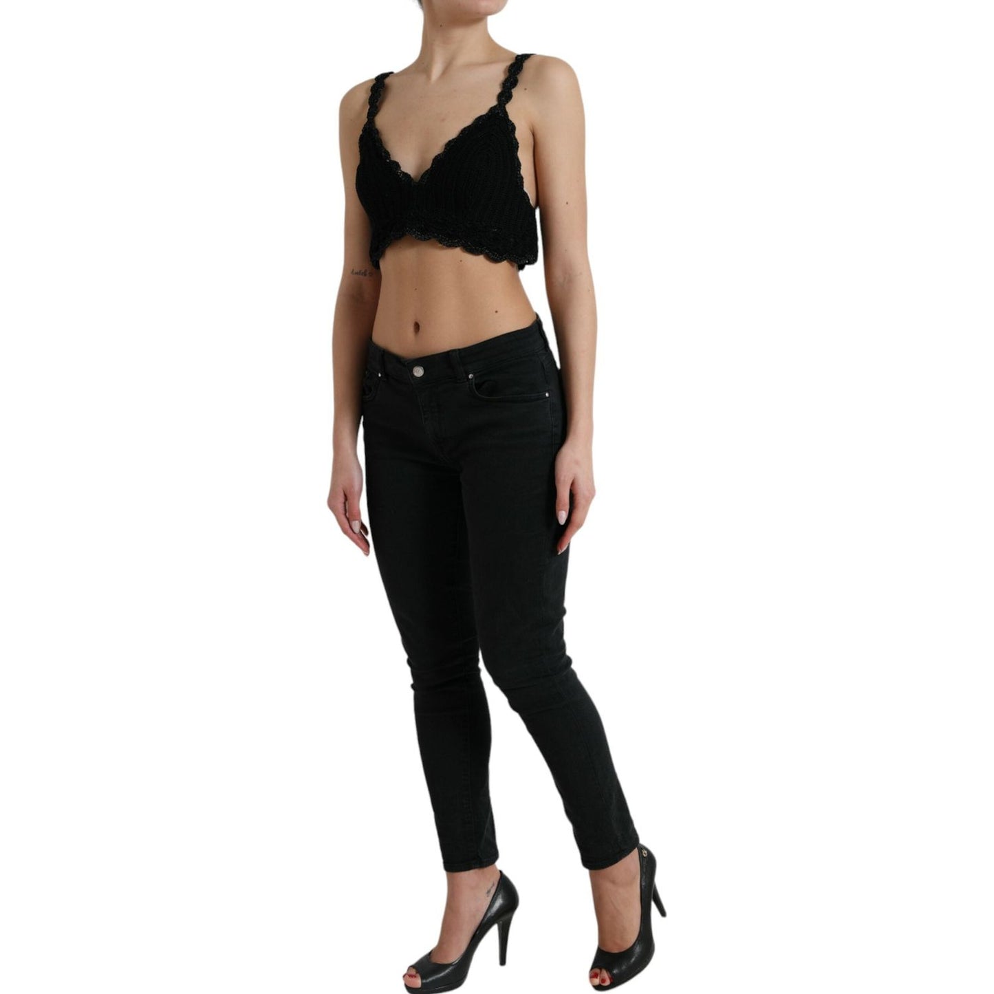 Dolce & Gabbana Black Cotton Bustier Cropped Crochet Tank Top TSH7860-46