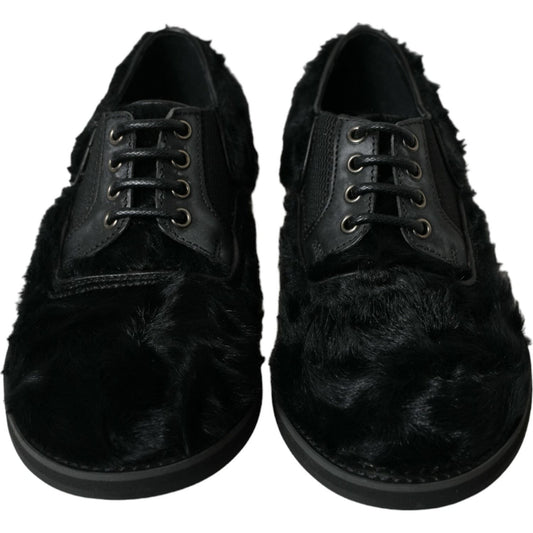 Dolce & Gabbana Black Fur Leather Lace Up Derby Dress Shoes MV5434-42.5
