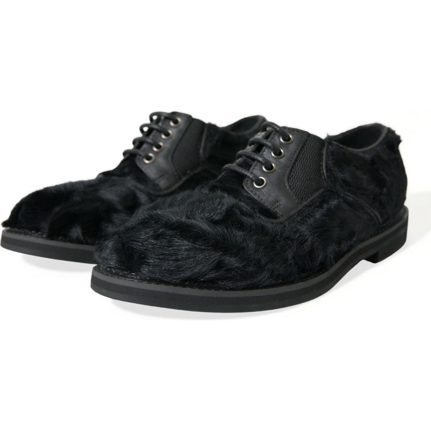 Dolce & Gabbana Black Fur Leather Lace Up Derby Dress Shoes MV5434-42.5