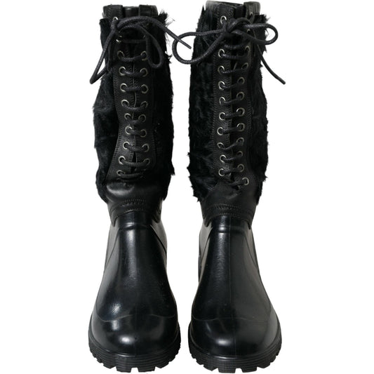 Dolce & Gabbana Black Rubber Lace Up Shearling Rain Boots Shoes MV5587-44