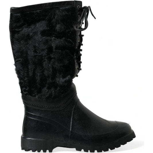 Dolce & Gabbana Black Rubber Lace Up Shearling Rain Boots Shoes MV5587-44