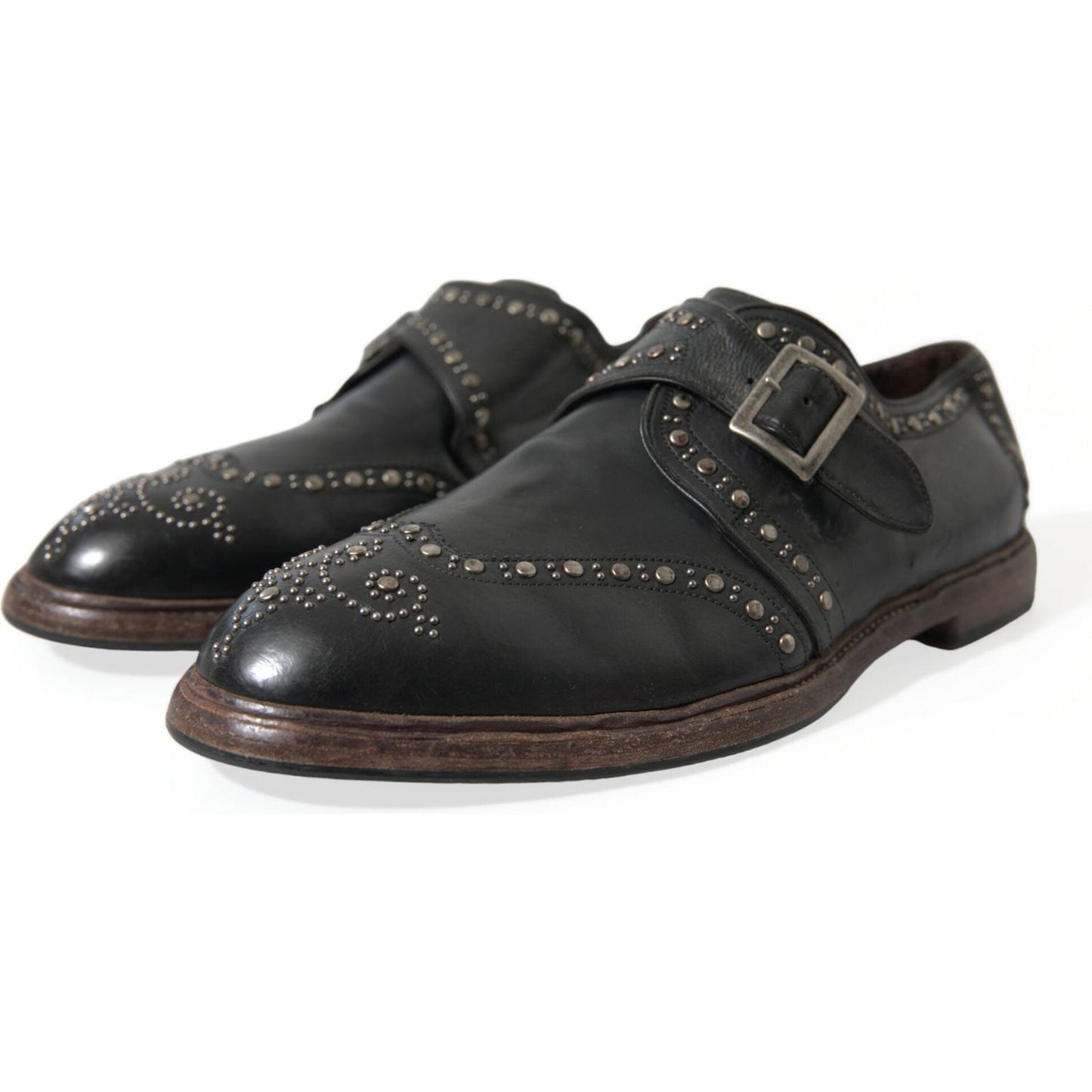 Dolce & Gabbana Black Leather Monk Strap Studded Dress Shoes MV5569-44