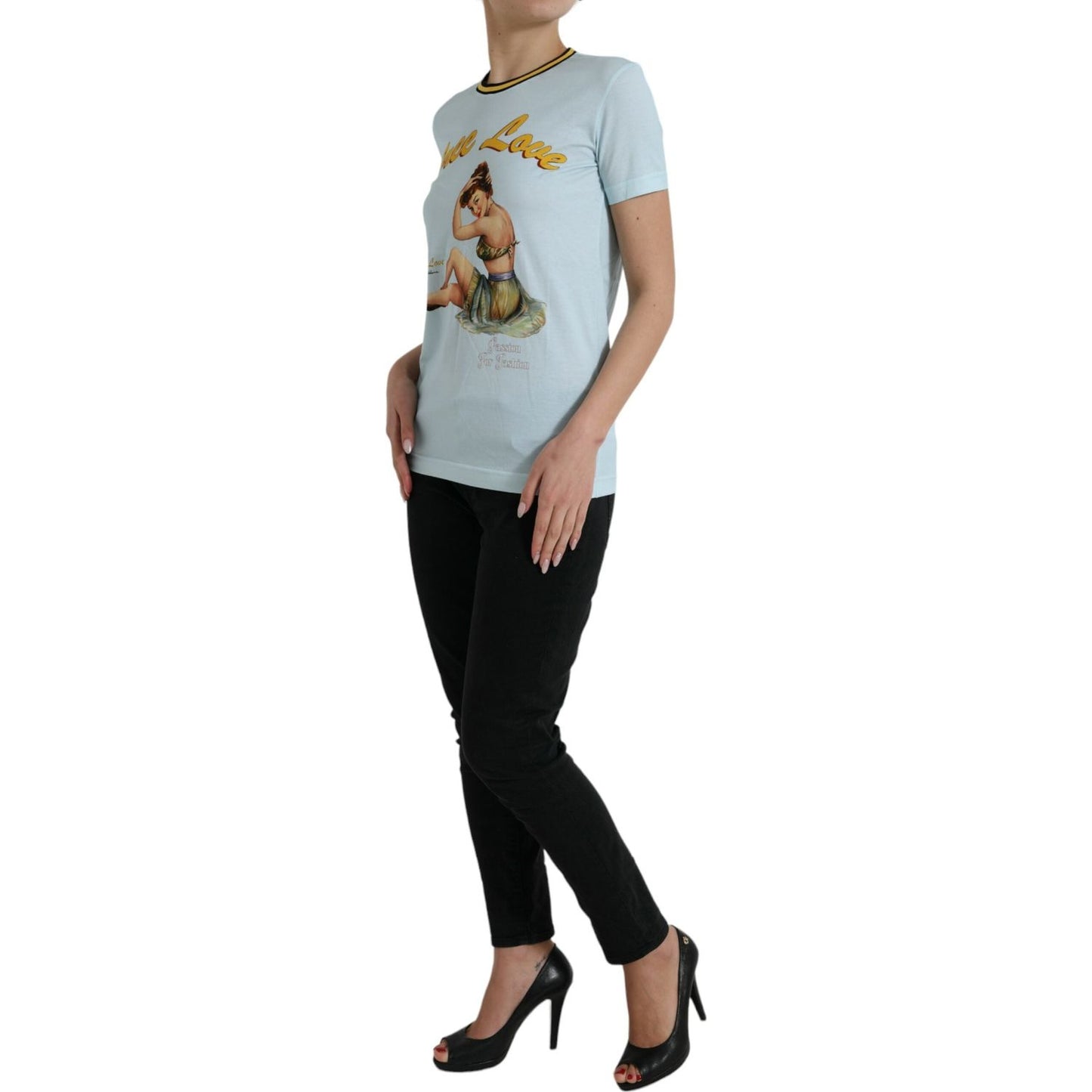 Dolce & Gabbana Light Blue Cotton Free Love Crew Neck T-shirt TSH84340-36