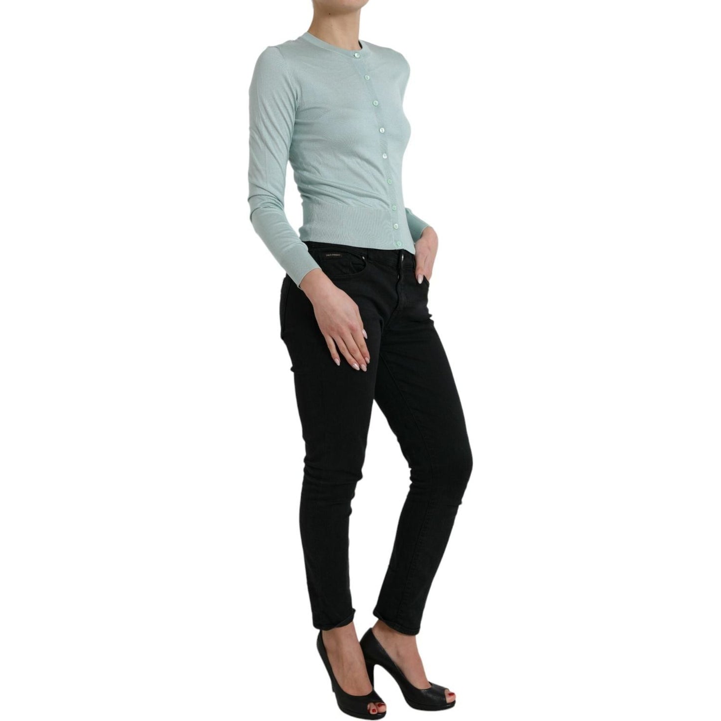 Dolce & Gabbana Light Blue Silk Crew Neck Cardigan Sweater TSH84538-44