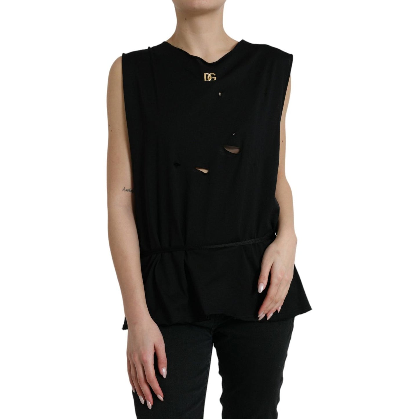 Dolce & Gabbana Black Cotton Lace Up Logo Round Neck Tank Top TSH84683-42