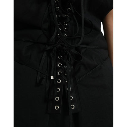 Dolce & Gabbana Black Cotton Lace Up Logo Round Neck Tank Top