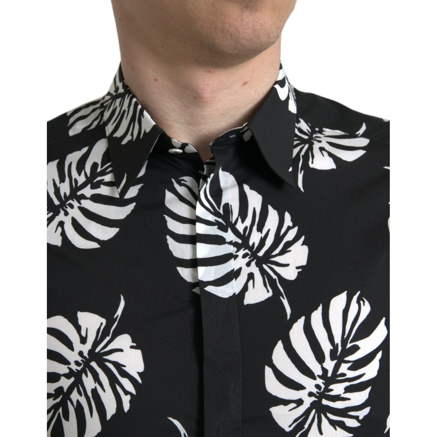 Dolce & Gabbana Black Leaf Cotton Men Formal GOLD Dress Shirt TSH84699-39