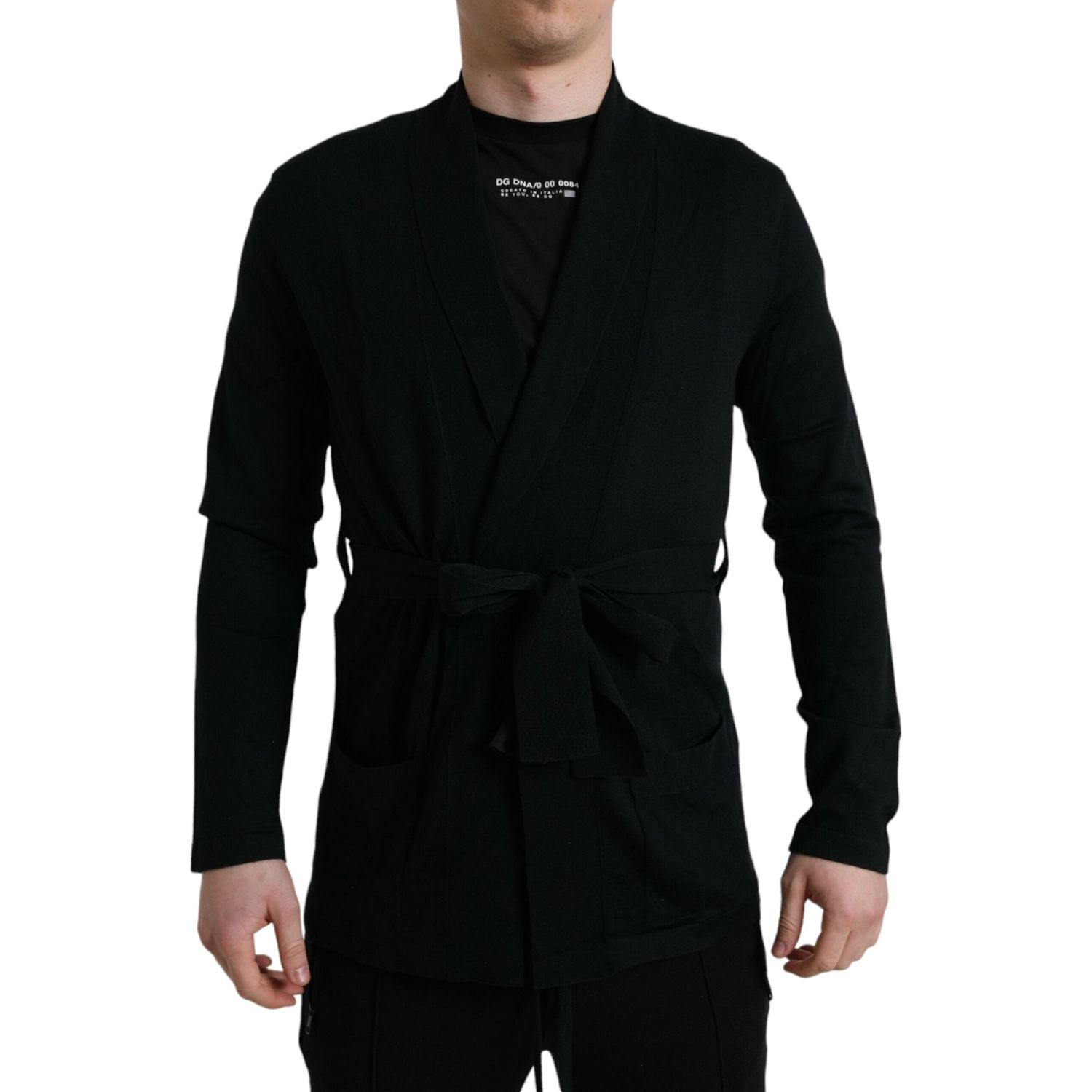 Dolce & Gabbana Black Cashmere Long Sleeves Belted Wrap Robe