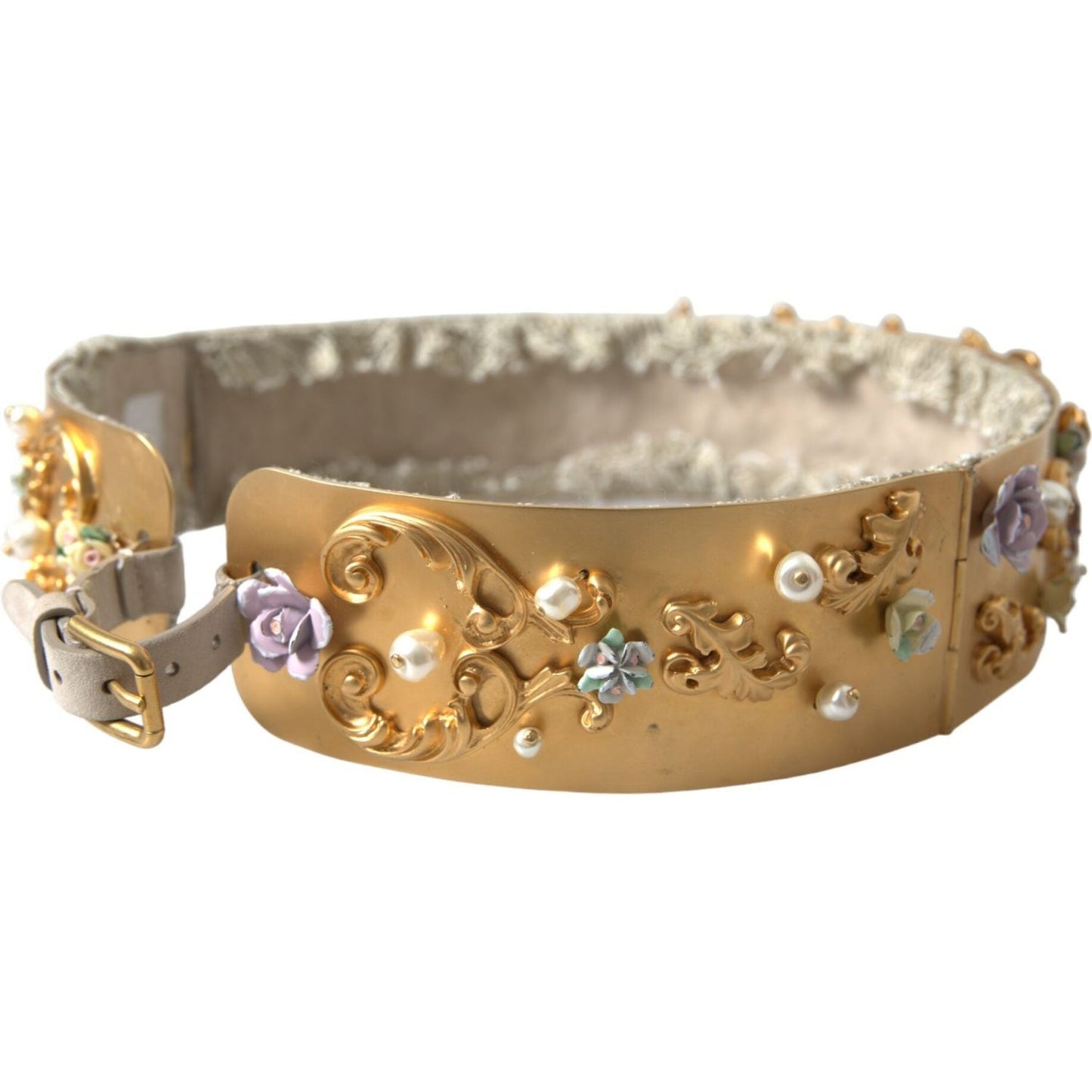 Dolce & Gabbana Gold Brass Faux Pearl Floral Embellished Belt SMY101263-85