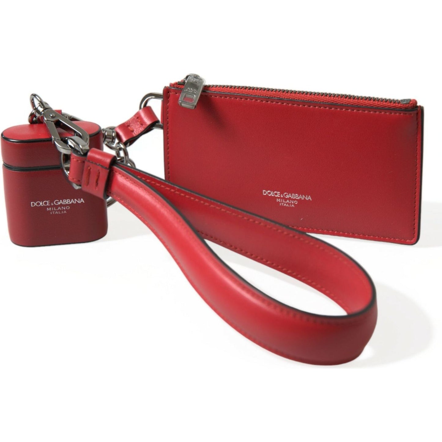 Dolce & Gabbana Red Leather Silver Metal Logo Strap Pouch Airpods Case SMY101285