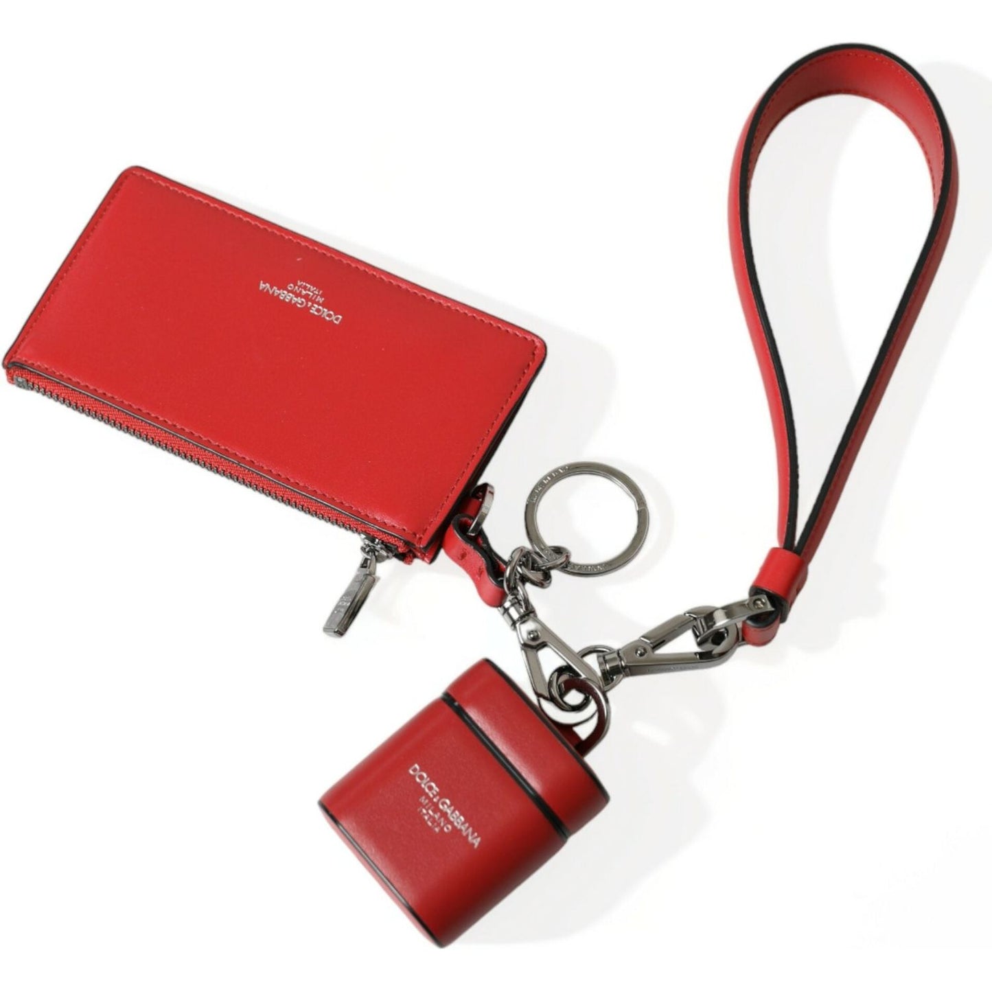 Dolce & Gabbana Red Leather Silver Metal Logo Strap Pouch Airpods Case SMY101285