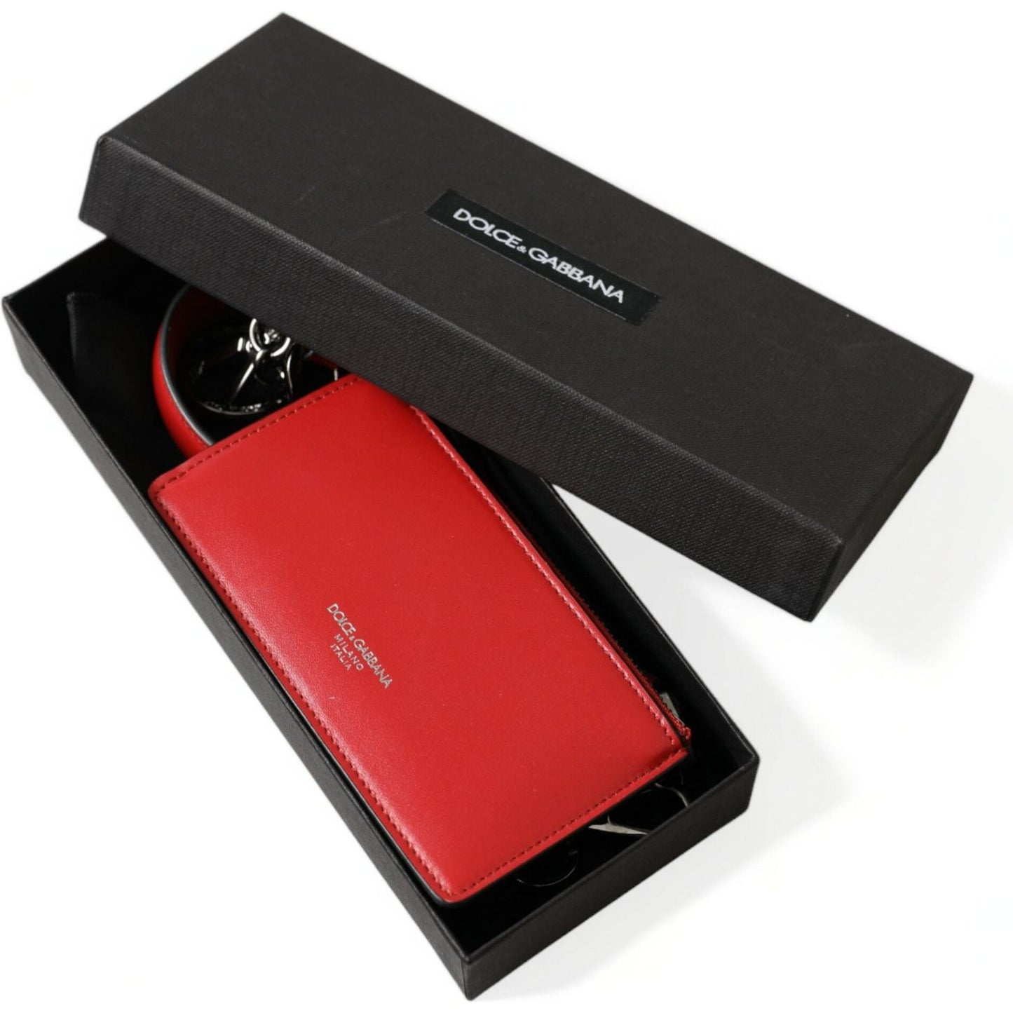 Dolce & Gabbana Red Leather Silver Metal Logo Strap Pouch Airpods Case SMY101285