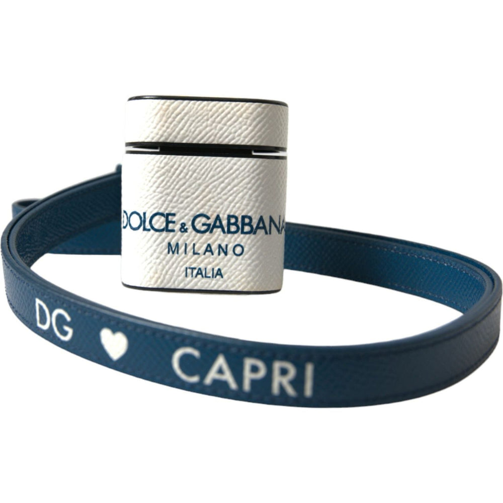 Dolce & Gabbana White Blue Calf Leather Logo Print Strap Airpods Case SMY101238