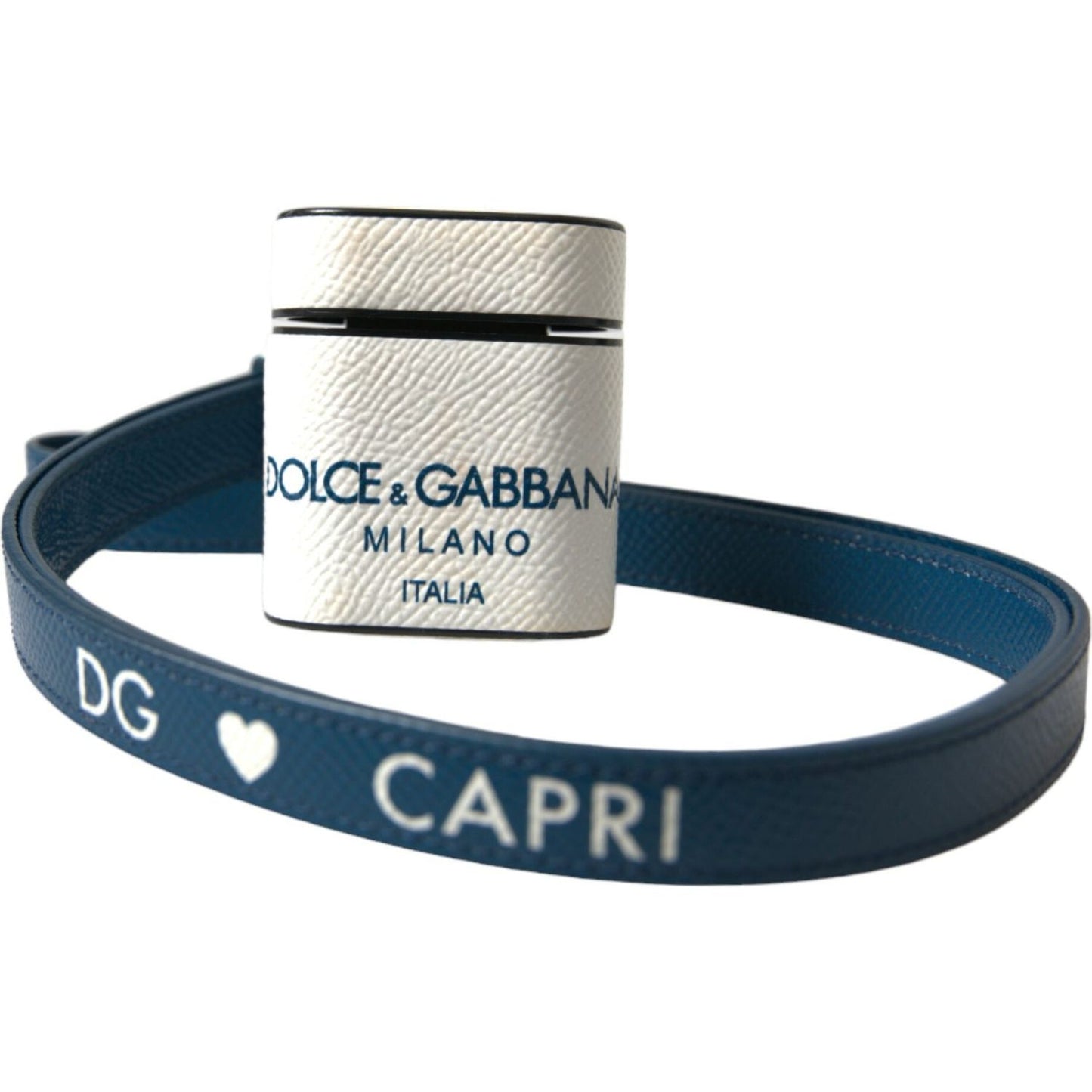Dolce & Gabbana White Blue Calf Leather Logo Print Strap Airpods Case SMY101238
