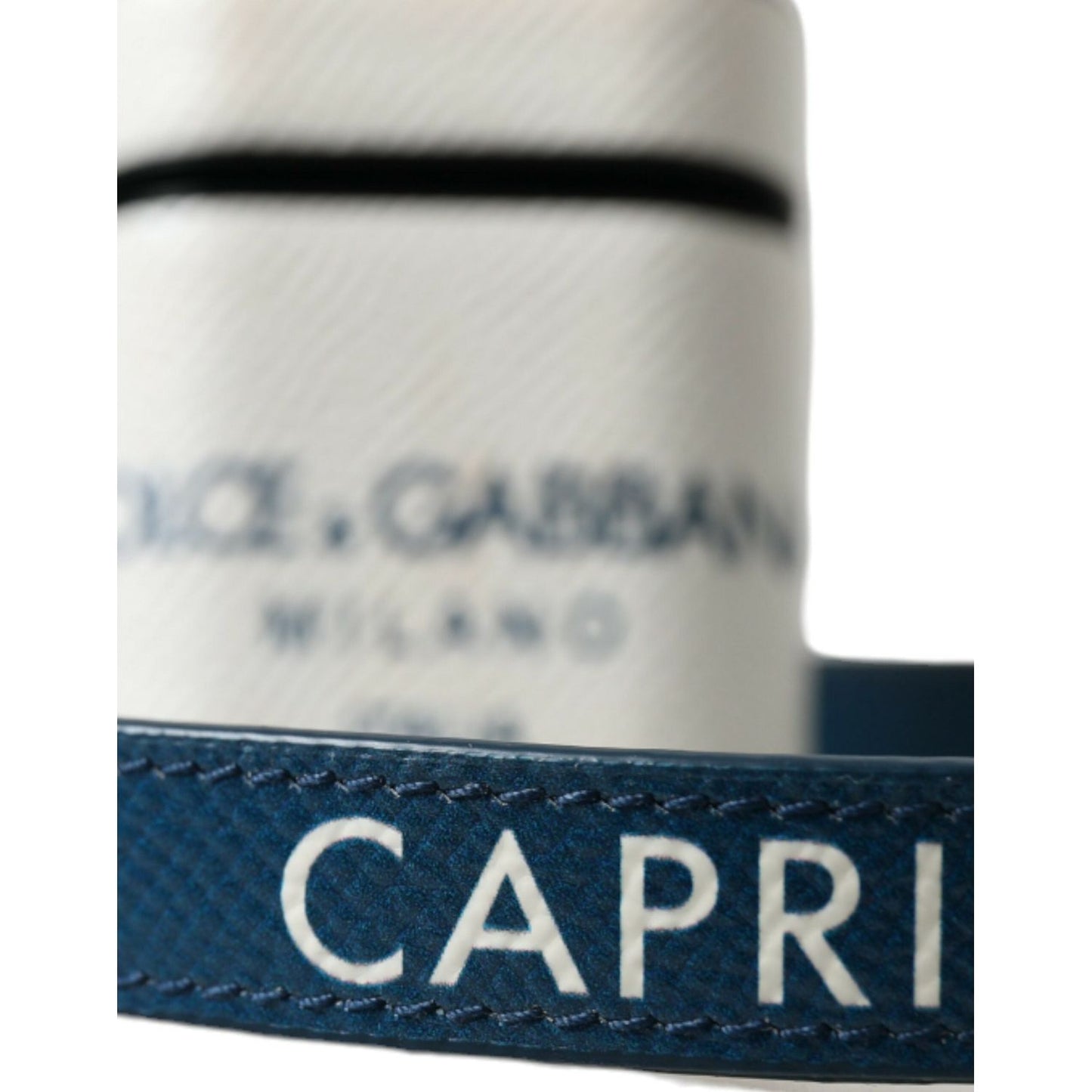 Dolce & Gabbana White Blue Calf Leather Logo Print Strap Airpods Case SMY101238