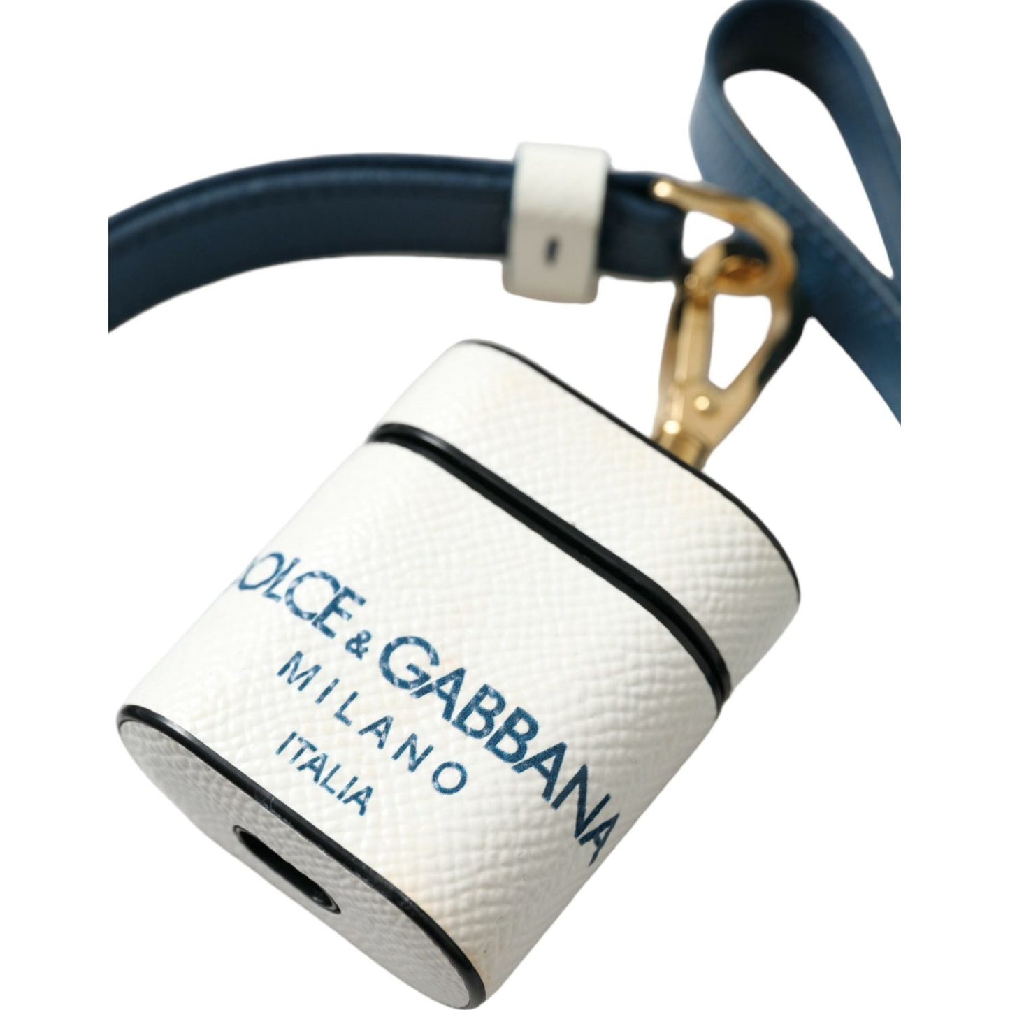 Dolce & Gabbana White Blue Calf Leather Logo Print Strap Airpods Case SMY101238