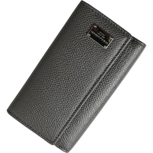 Dolce & Gabbana Gray Leather Silver Metal Logo Plaque Trifold Keyring SMY101305