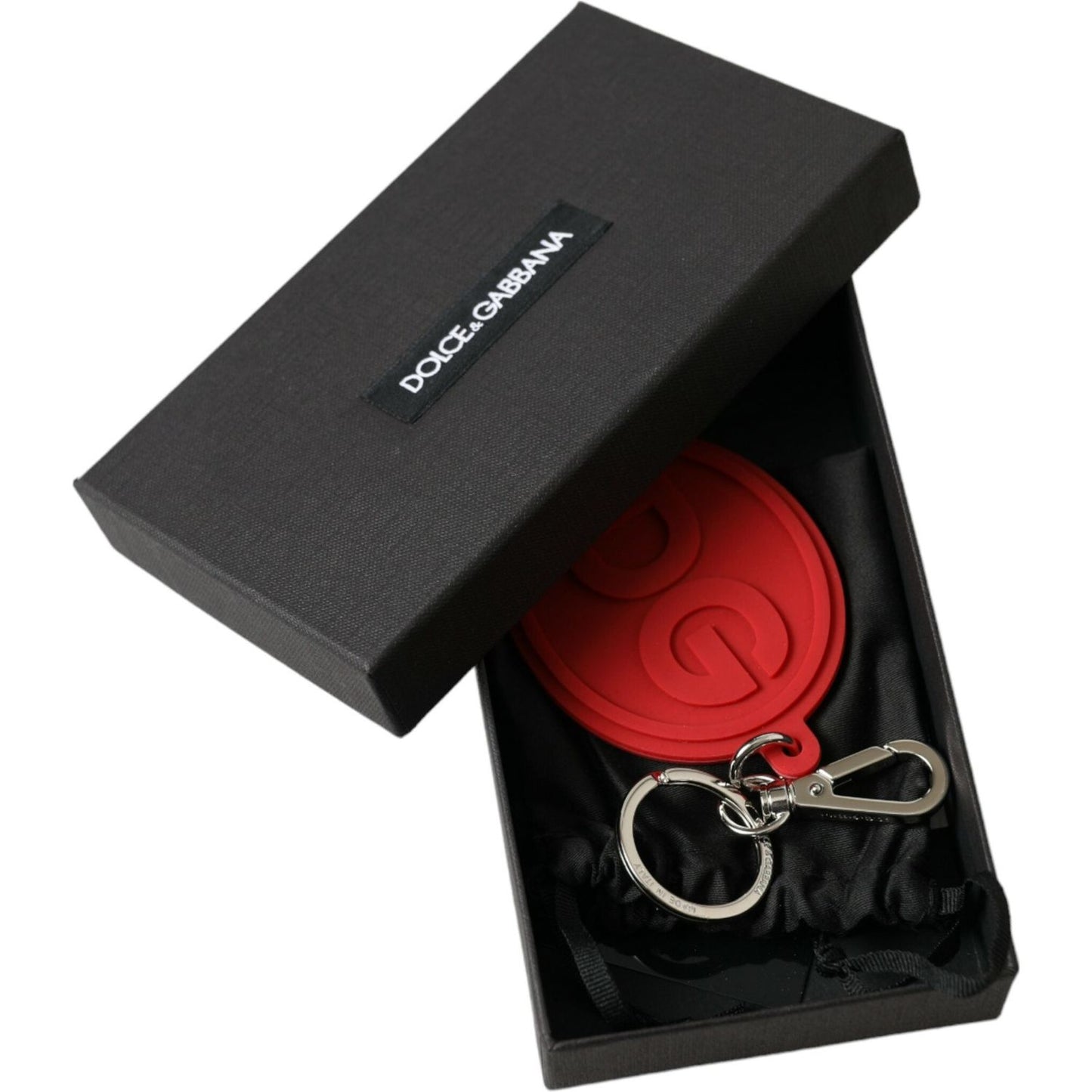 Dolce & Gabbana Red Rubber DG Logo Silver Brass Metal Keyring Keychain