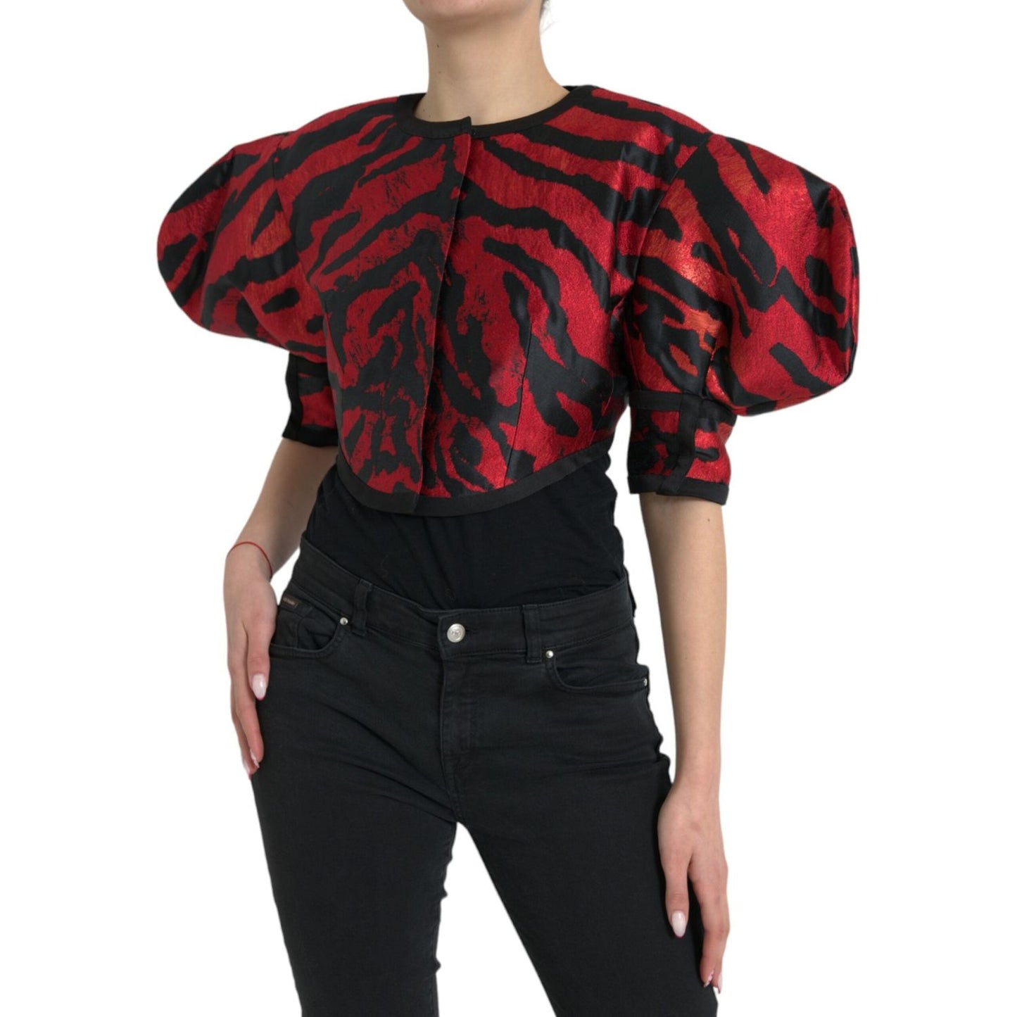 Dolce & Gabbana Black Red Patterned Cropped Coat Jacket JKT4058-46