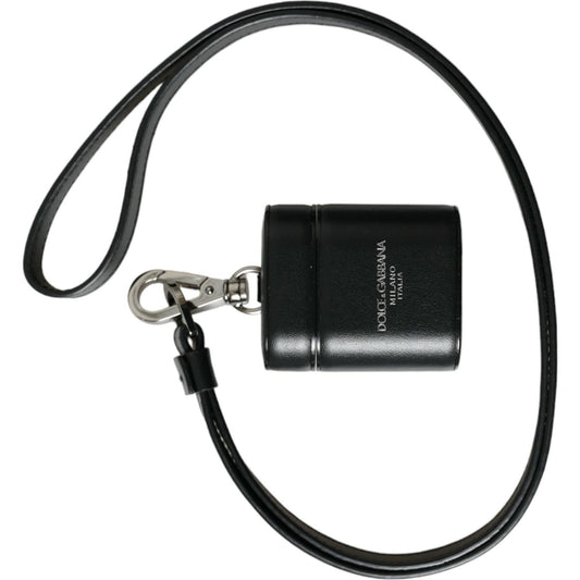 Dolce & Gabbana Black Leather Strap Silver Metal Logo Printed Airpods Case SMY101291
